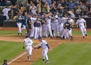 baseball team celebrating at home base