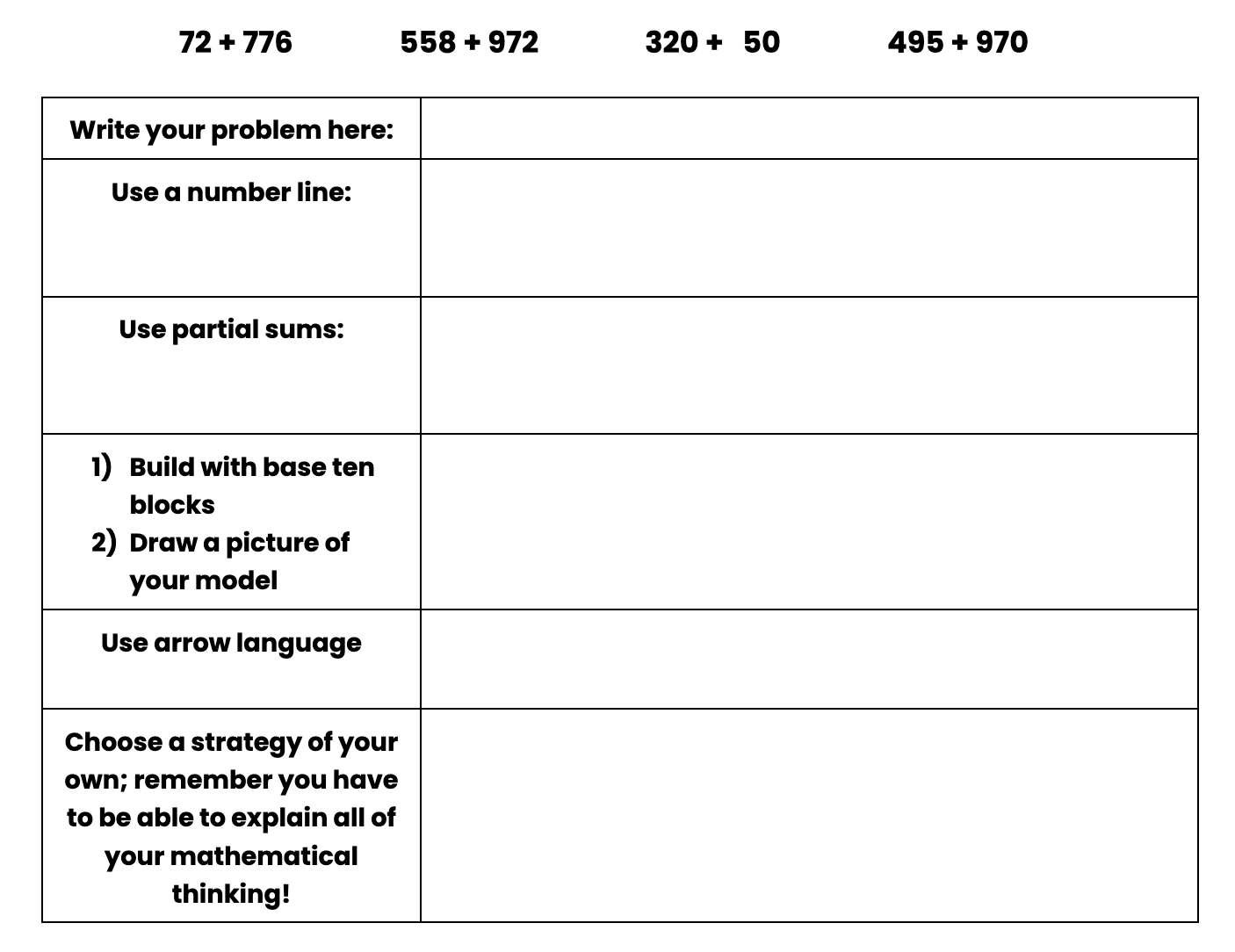 KInl - Math Worksheets Solving math problems chart with blank strategies