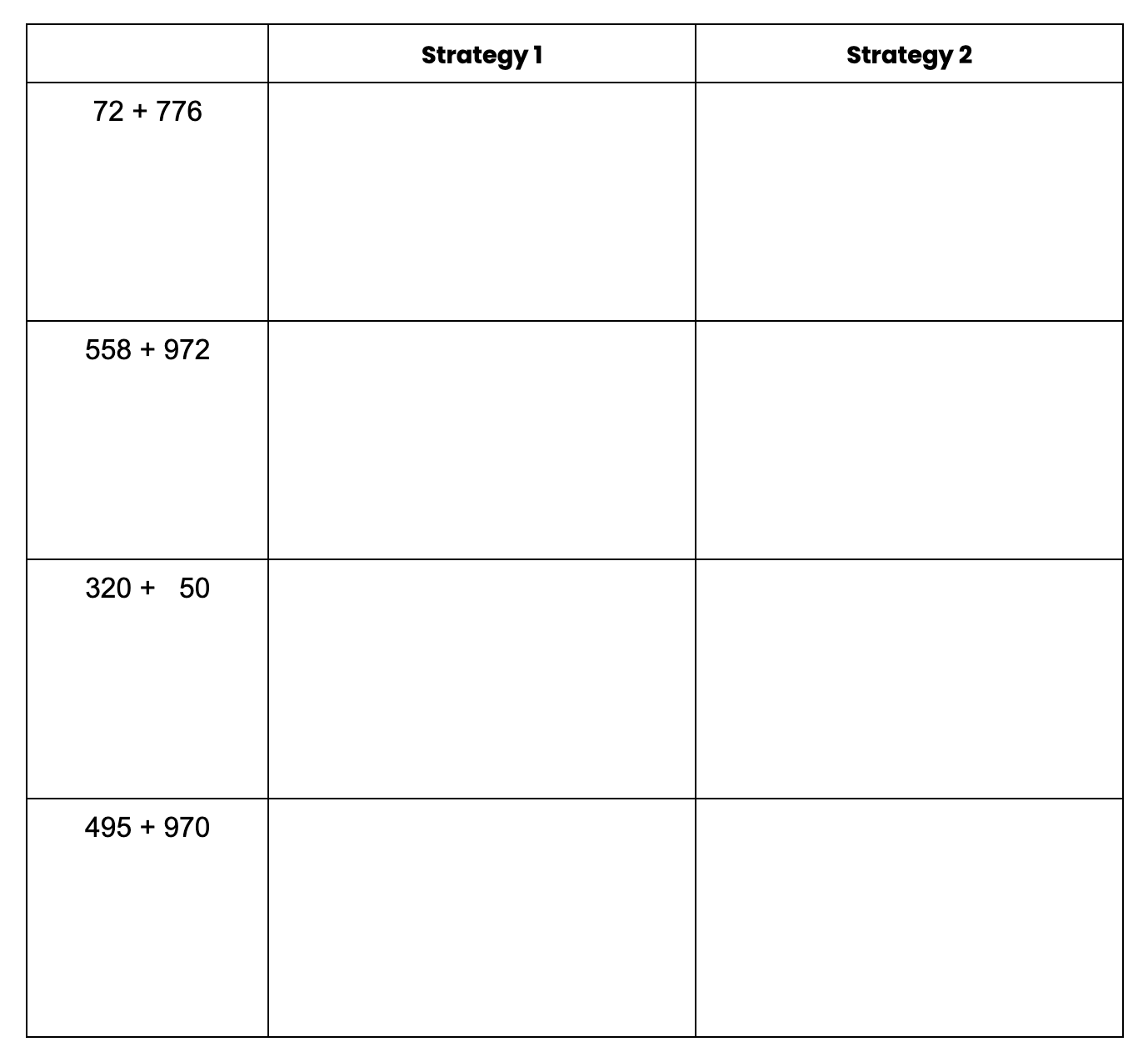 KInl - Math Worksheets Strategies math problems chart with blank strategies
