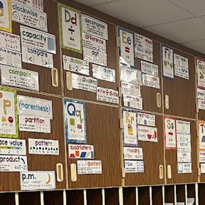 classroom wall full of math projects posted