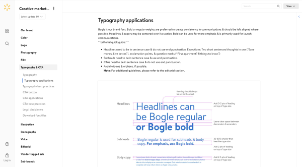 Walmart's style guide breaks down spacing for their custom font with visuals and descriptions.