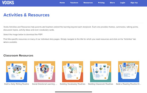Vooks - Activities and Resources Screenshot of the Vooks Activities and Resources page.