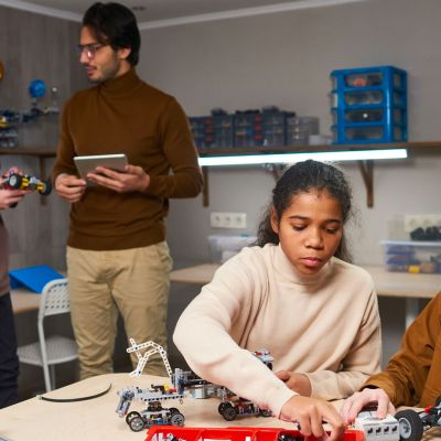 Students working on robots together.