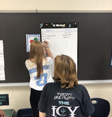 Students working at the blackboard.