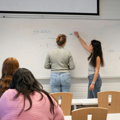 Teachers writing on the whiteboard, while students look on.