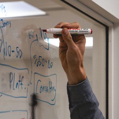 Person using a white board.