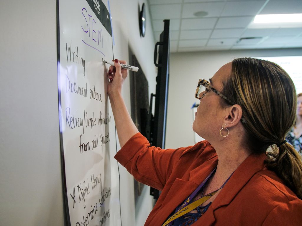 A Presenter sharing information on a whiteboard.